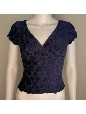 Vintage 1990s/Y2K Navy Blue Floral Velvet Burn Out Top, Jazz Sport XS, Mesh Knit